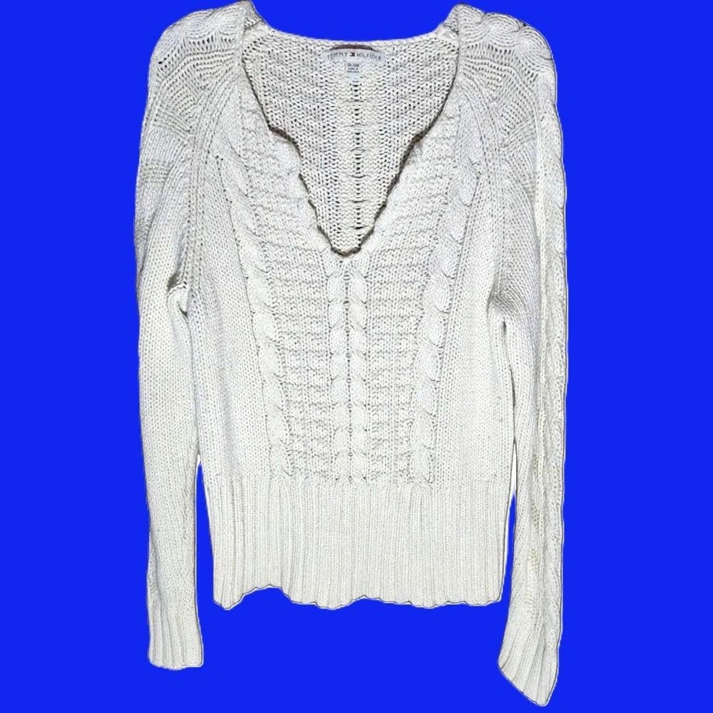 Vintage Tommy Hilfiger Cable Knit Sweater Cream White V-Neck Preppy XL - Picture 2 of 2